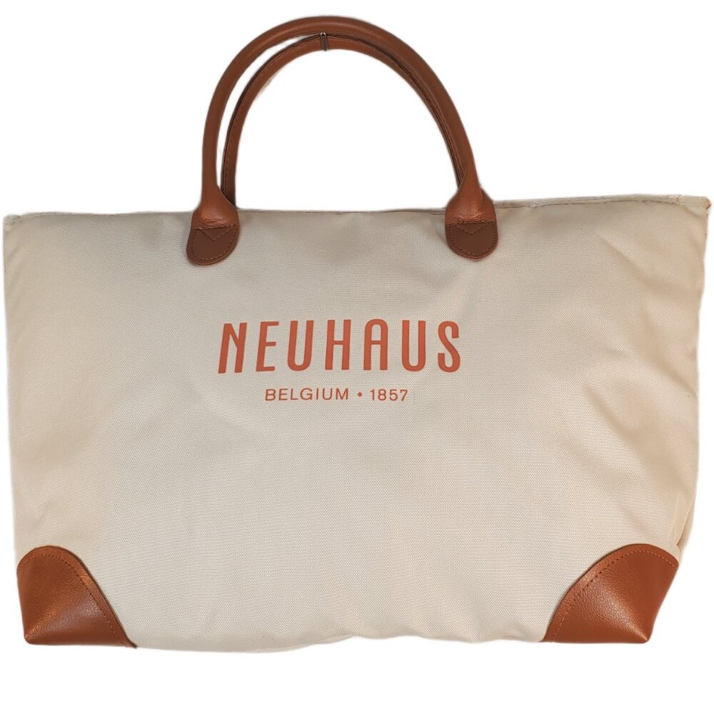 Neuhaus Belgium Chocolates Beige Canvas Insulated Cooler Tote. Faux Leather Trim